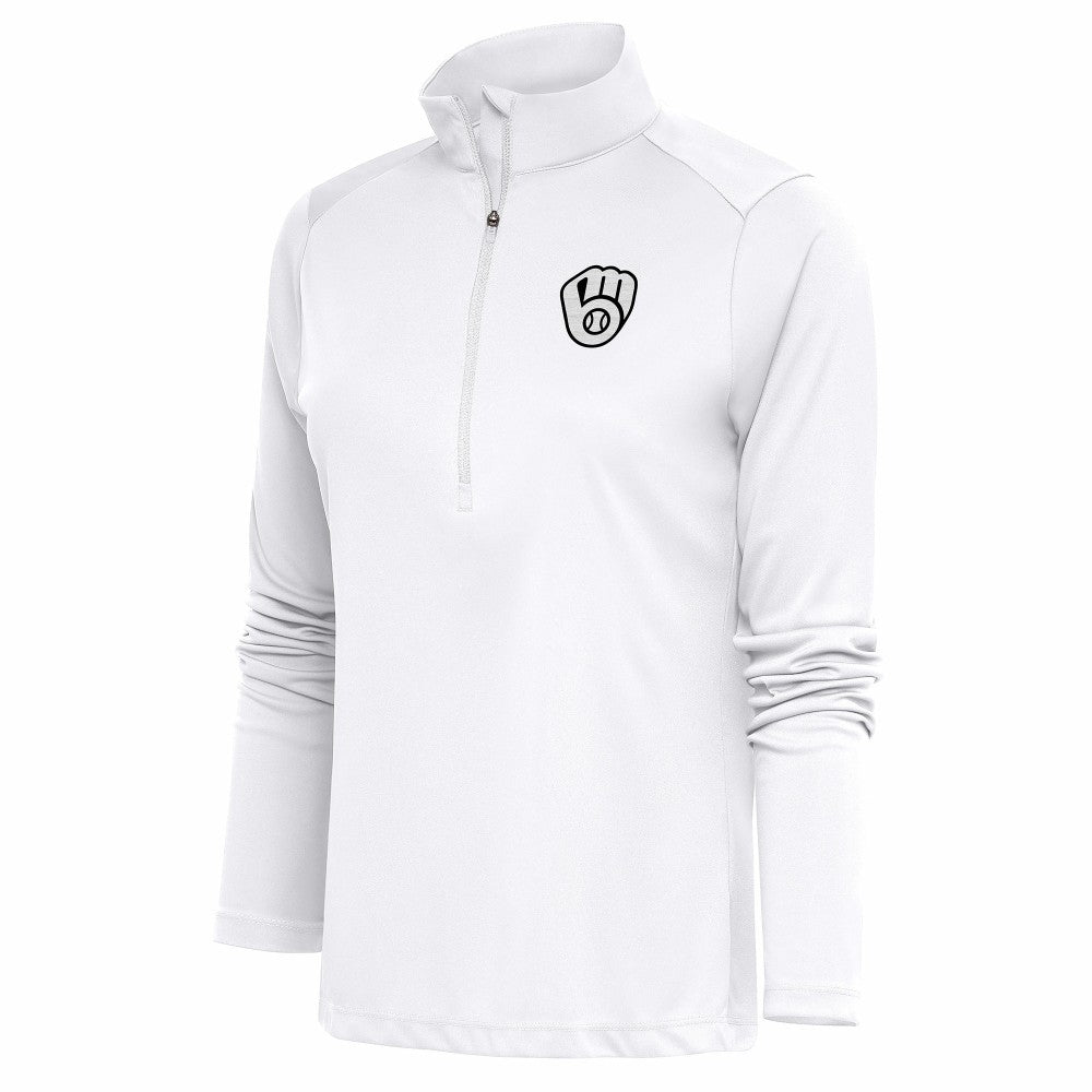 Milwaukee Brewers Antigua Women's Brushed Metallic Tribute Half-Zip Pullover Top - White