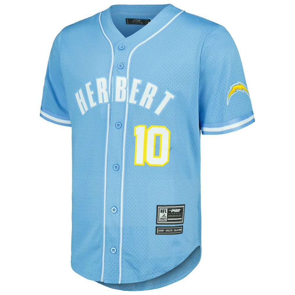 Justin Herbert Los Angeles Chargers Pro Standard Mesh Baseball Button-Up T-Shirt - Powder Blue discount