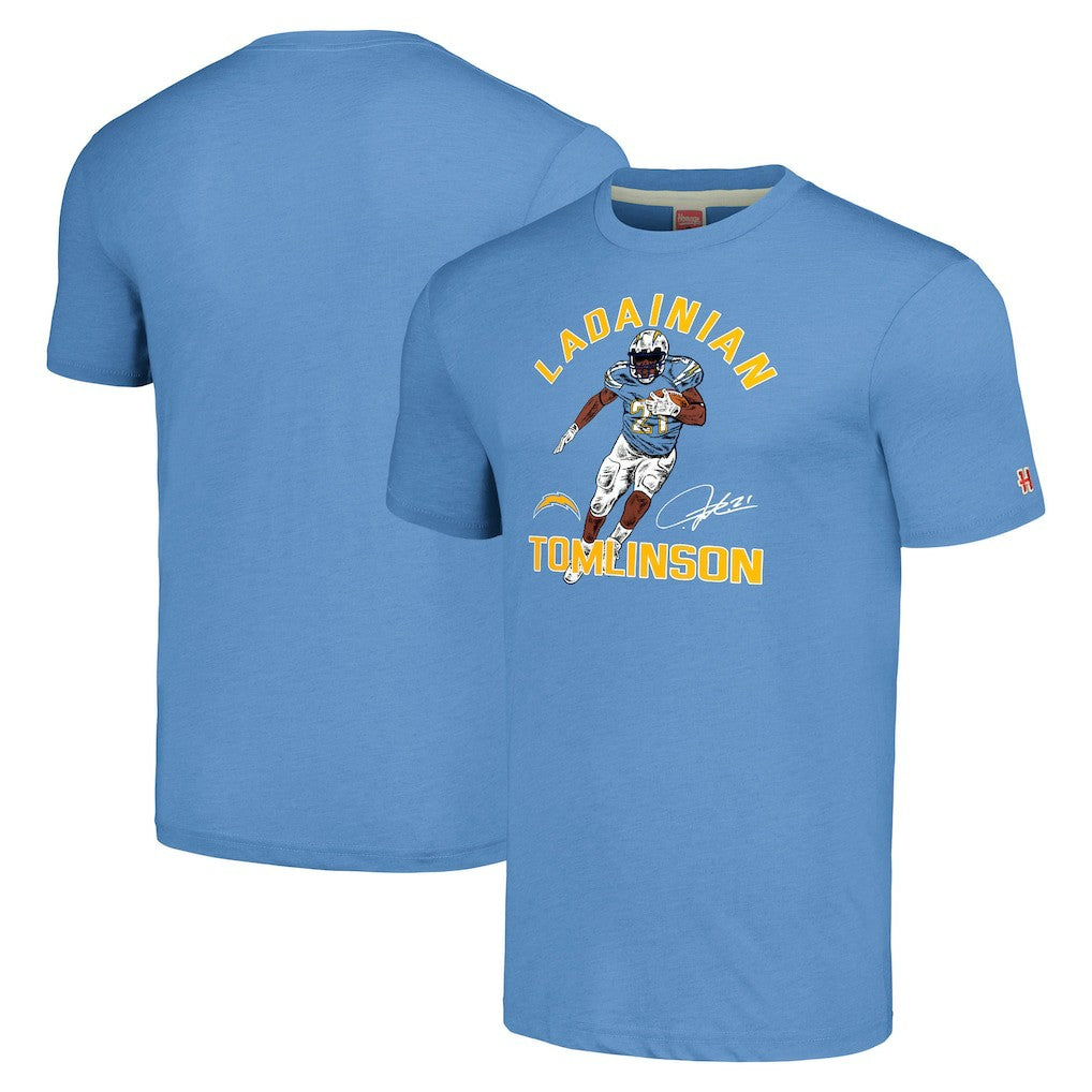 LaDainian Tomlinson Los Angeles Chargers Homage Unisex Unisex Caricature Retired Player Tri-Blend T-Shirt - Powder Blue sale