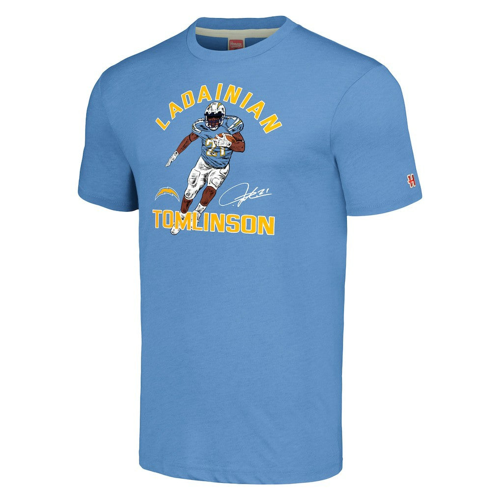 LaDainian Tomlinson Los Angeles Chargers Homage Unisex Unisex Caricature Retired Player Tri-Blend T-Shirt - Powder Blue sale