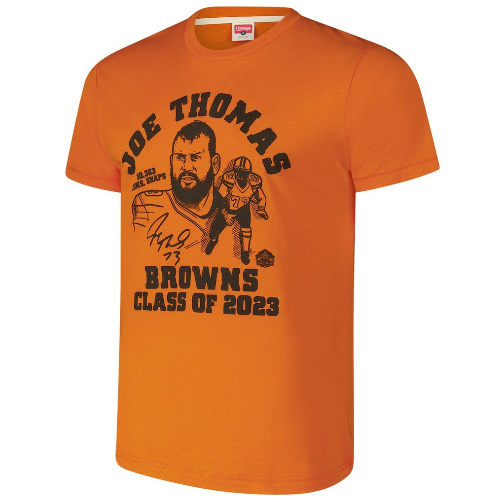 Joe Thomas Cleveland Browns Homage Unisex Caricature Retired Player Tri-Blend T-Shirt - Orange on sale