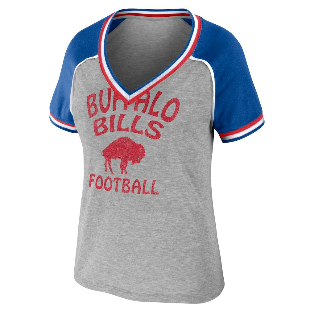 Buffalo Bills WEAR by Erin Andrews Women's Cropped Raglan Throwback V-Neck T-Shirt - Heather Gray online