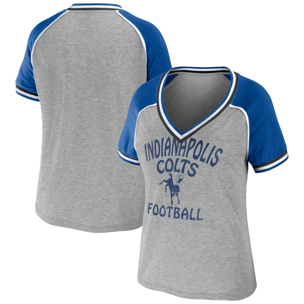 Indianapolis Colts WEAR by Erin Andrews Women's Cropped Raglan Throwback V-Neck T-Shirt - Heather Gray online