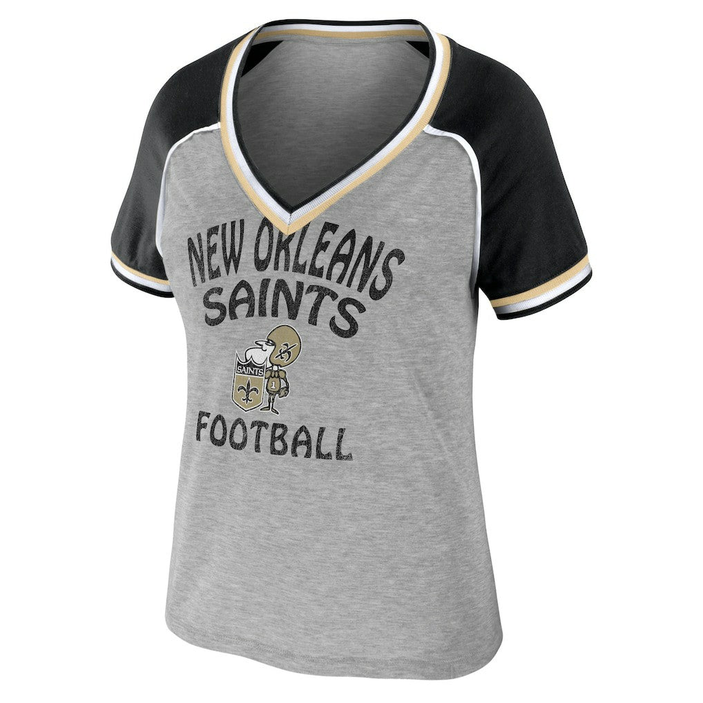 New Orleans Saints WEAR by Erin Andrews Women's Cropped Raglan Throwback V-Neck T-Shirt - Heather Gray cheap