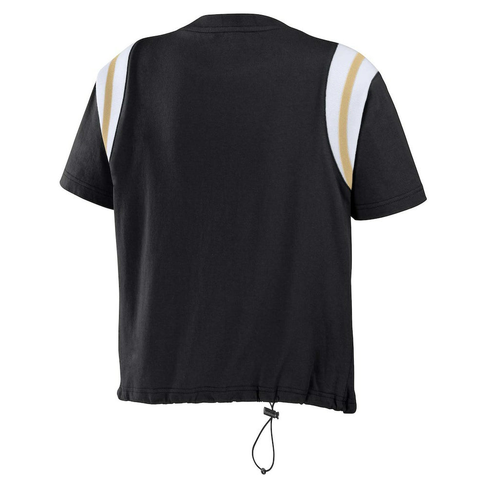 New Orleans Saints WEAR by Erin Andrews Women's Cinched Colorblock T-Shirt - Black for sale