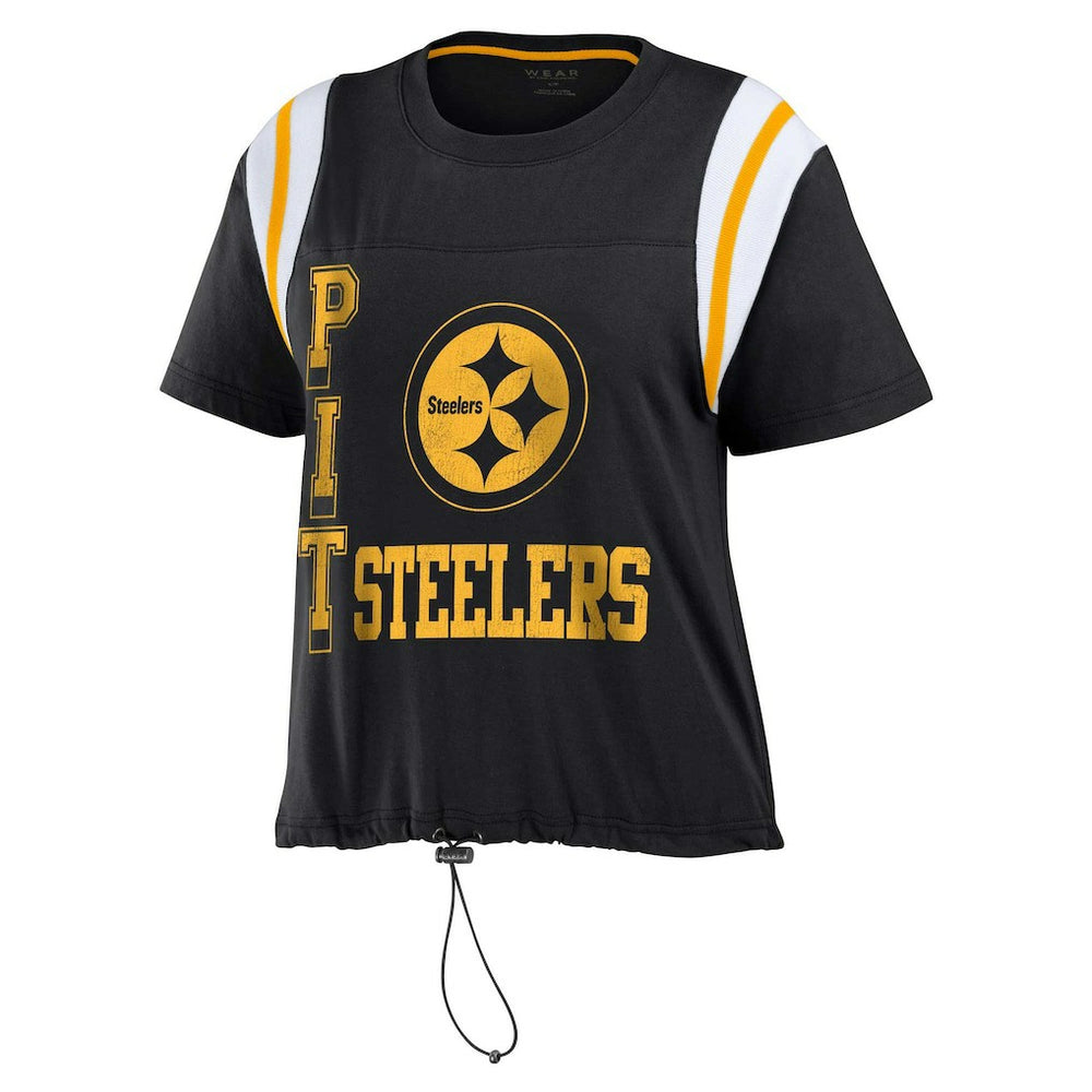 Pittsburgh Steelers WEAR by Erin Andrews Women's Cinched Colorblock T-Shirt - Black on sale