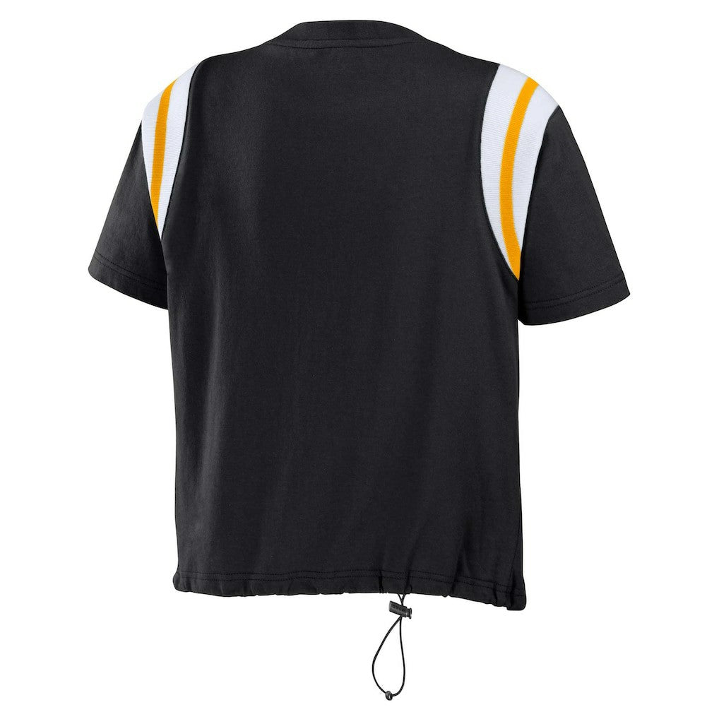 Pittsburgh Steelers WEAR by Erin Andrews Women's Cinched Colorblock T-Shirt - Black on sale