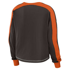 Cleveland Browns WEAR by Erin Andrews Women's Color Block Modest Crop Long Sleeve T-Shirt - Brown/Orange on sale