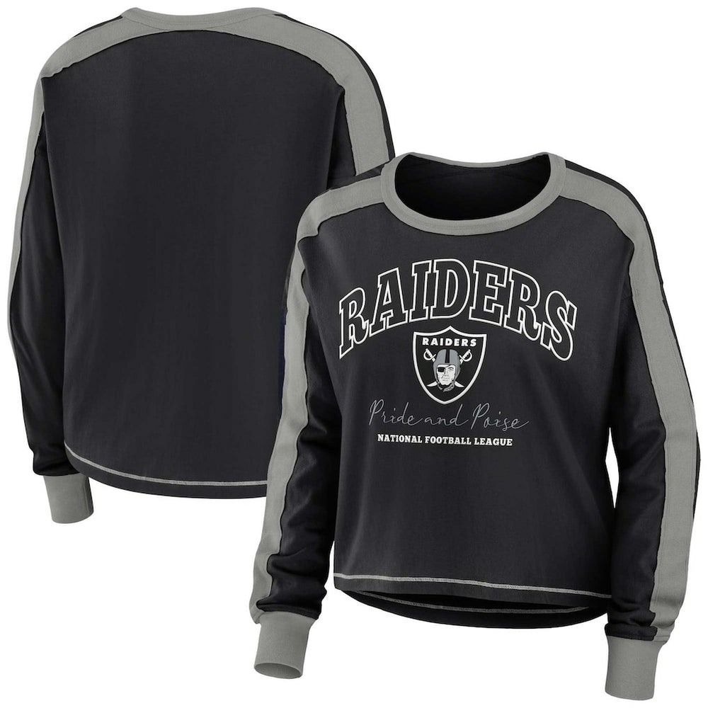 Las Vegas Raiders WEAR by Erin Andrews Women's Color Block Modest Crop Long Sleeve T-Shirt - Black/Silver outlet