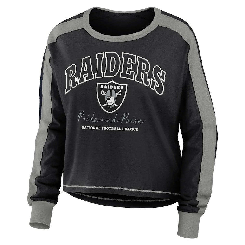Las Vegas Raiders WEAR by Erin Andrews Women's Color Block Modest Crop Long Sleeve T-Shirt - Black/Silver outlet
