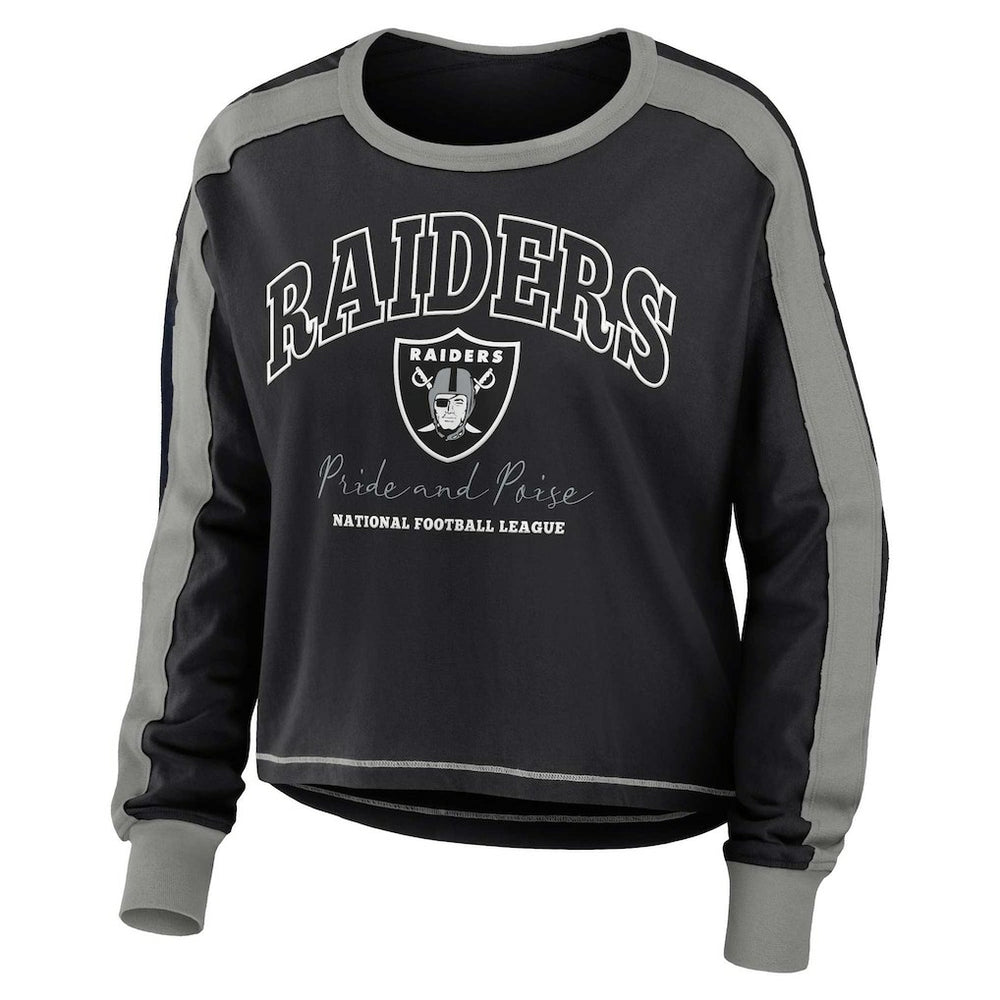 Las Vegas Raiders WEAR by Erin Andrews Women's Color Block Modest Crop Long Sleeve T-Shirt - Black/Silver outlet