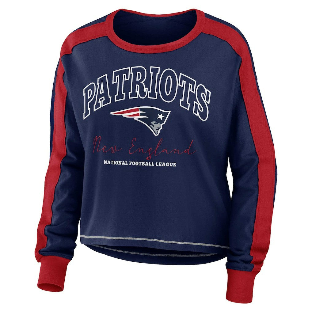 New England Patriots WEAR by Erin Andrews Women's Color Block Modest Crop Long Sleeve T-Shirt - Navy/Red for sale