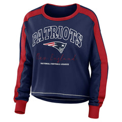 New England Patriots WEAR by Erin Andrews Women's Color Block Modest Crop Long Sleeve T-Shirt - Navy/Red for sale