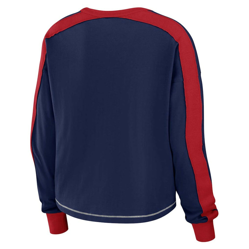 New England Patriots WEAR by Erin Andrews Women's Color Block Modest Crop Long Sleeve T-Shirt - Navy/Red for sale