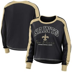 New Orleans Saints WEAR by Erin Andrews Women's Color Block Modest Crop Long Sleeve T-Shirt - Black/Gold cheap