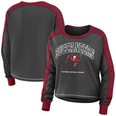 Tampa Bay Buccaneers WEAR by Erin Andrews Women's Color Block Modest Crop Long Sleeve T-Shirt - Pewter/Red for sale
