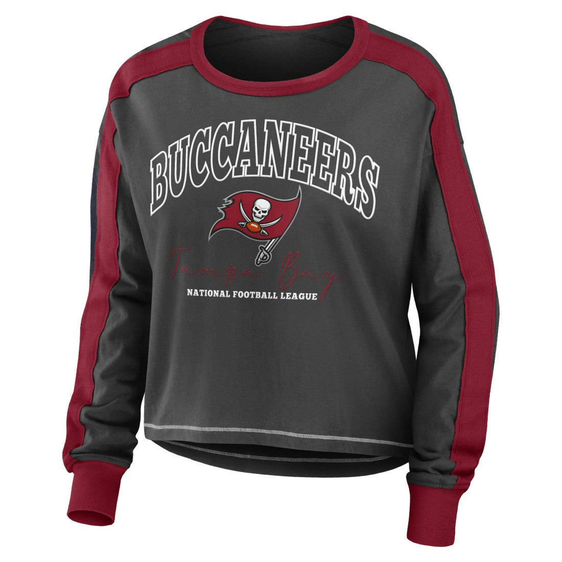 Tampa Bay Buccaneers WEAR by Erin Andrews Women's Color Block Modest Crop Long Sleeve T-Shirt - Pewter/Red for sale