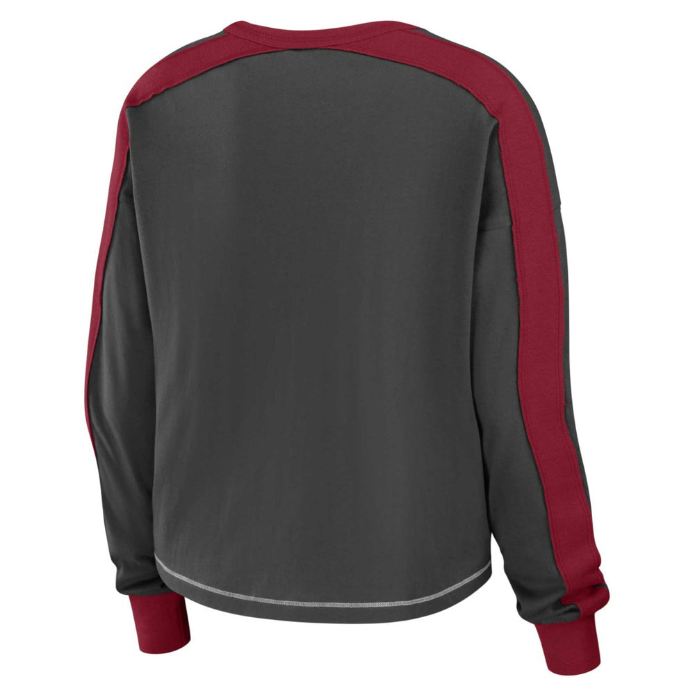 Tampa Bay Buccaneers WEAR by Erin Andrews Women's Color Block Modest Crop Long Sleeve T-Shirt - Pewter/Red for sale