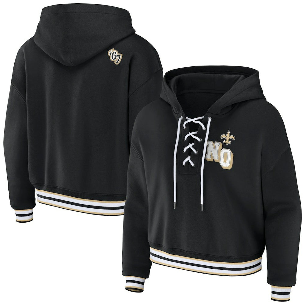 New Orleans Saints WEAR by Erin Andrews Women's Lace-Up Pullover Hoodie - Black for sale