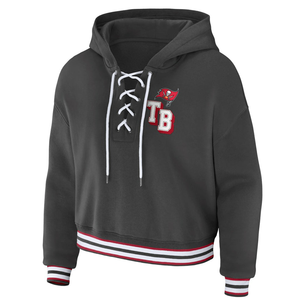 Tampa Bay Buccaneers WEAR by Erin Andrews Women's Lace-Up Pullover Hoodie - Pewter for sale