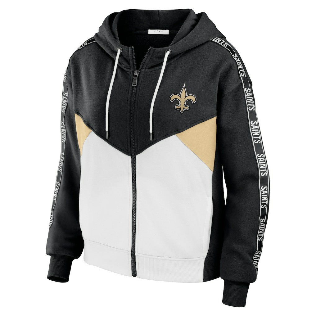 New Orleans Saints WEAR by Erin Andrews Women's Color Block Light Weight Modest Crop Full-Zip Hoodie - Black/White cheap