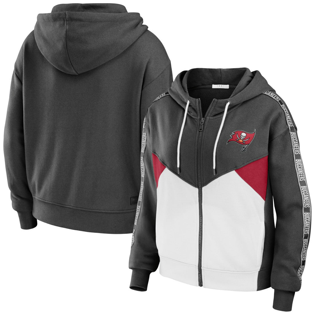 Tampa Bay Buccaneers WEAR by Erin Andrews Women's Color Block Light Weight Modest Crop Full-Zip Hoodie - Pewter/White discount