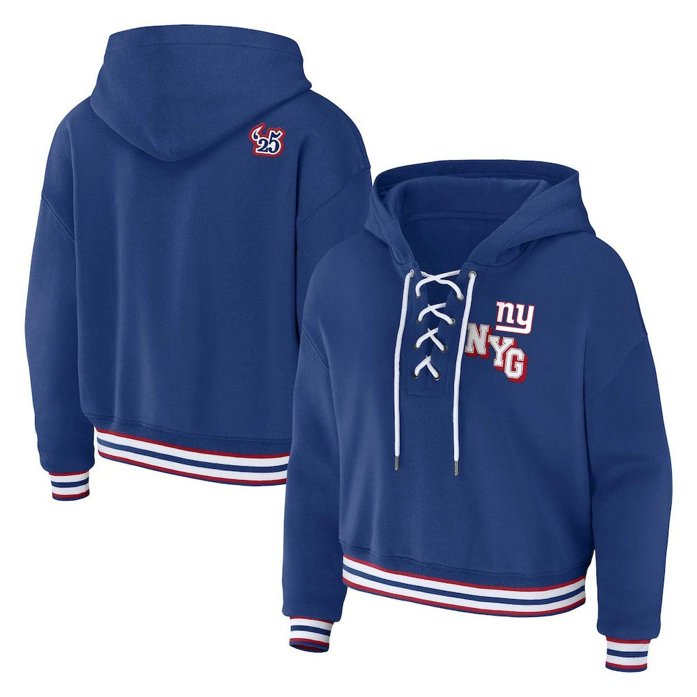 New York Giants WEAR by Erin Andrews Women's Plus Size Lace-Up Pullover Hoodie - Royal cheap