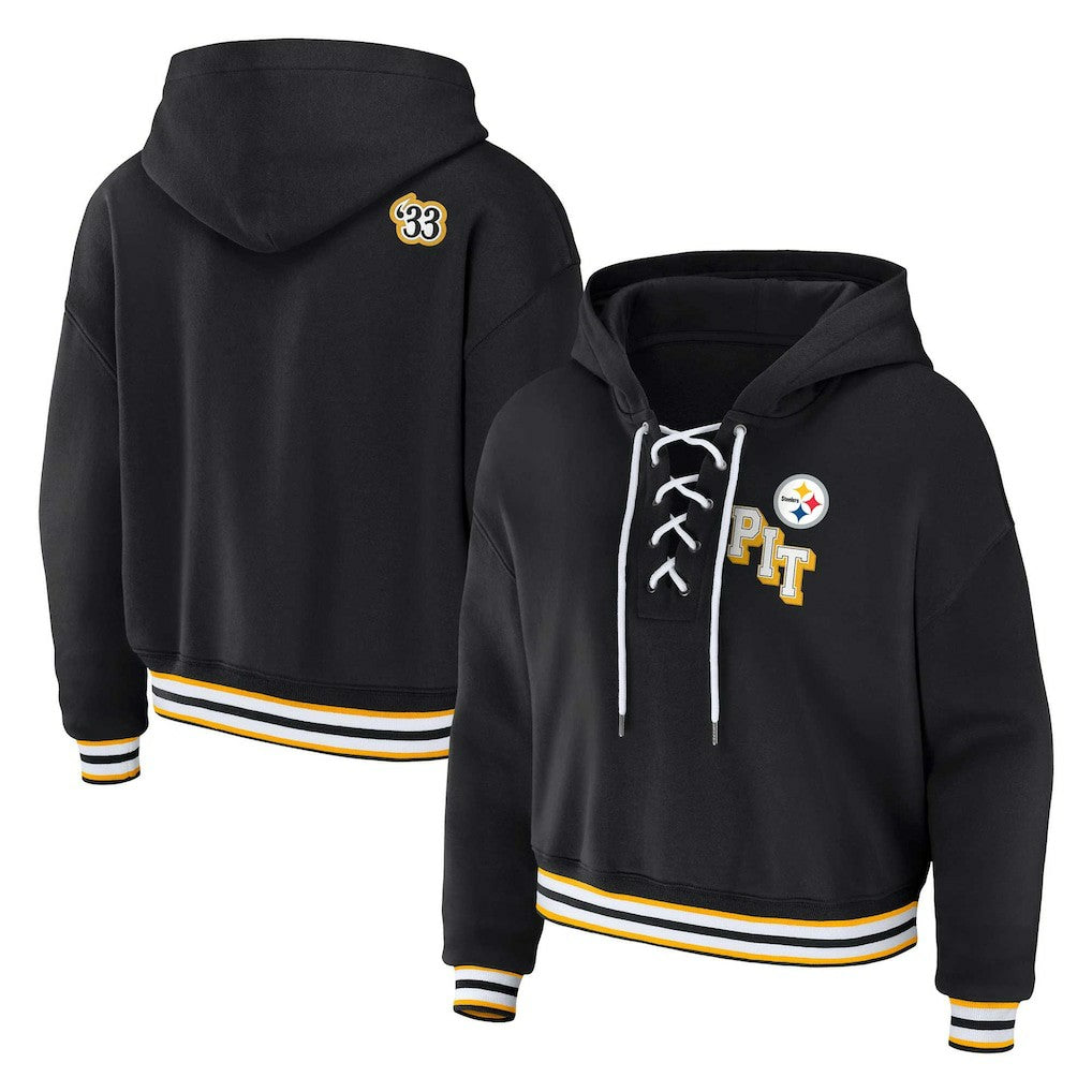 Pittsburgh Steelers WEAR by Erin Andrews Women's Plus Size Lace-Up Pullover Hoodie - Black sale