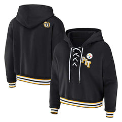 Pittsburgh Steelers WEAR by Erin Andrews Women's Plus Size Lace-Up Pullover Hoodie - Black sale