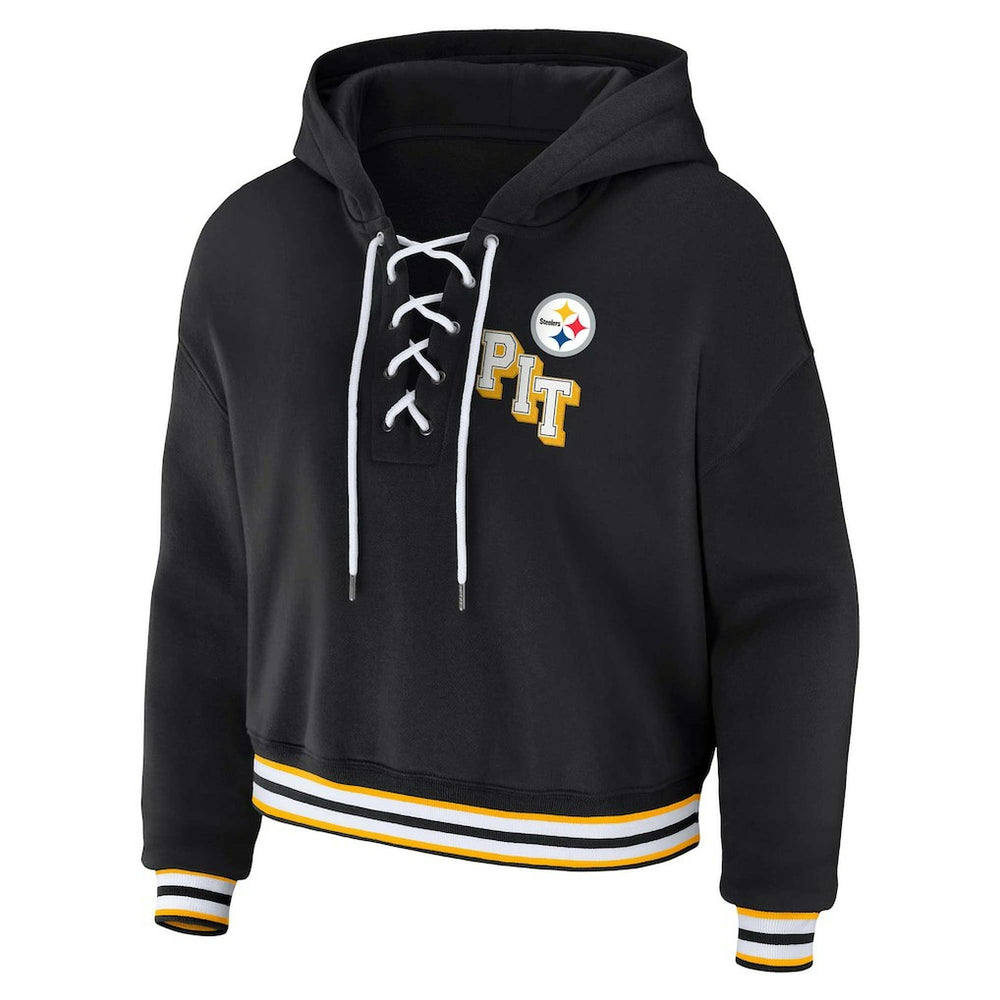 Pittsburgh Steelers WEAR by Erin Andrews Women's Plus Size Lace-Up Pullover Hoodie - Black sale