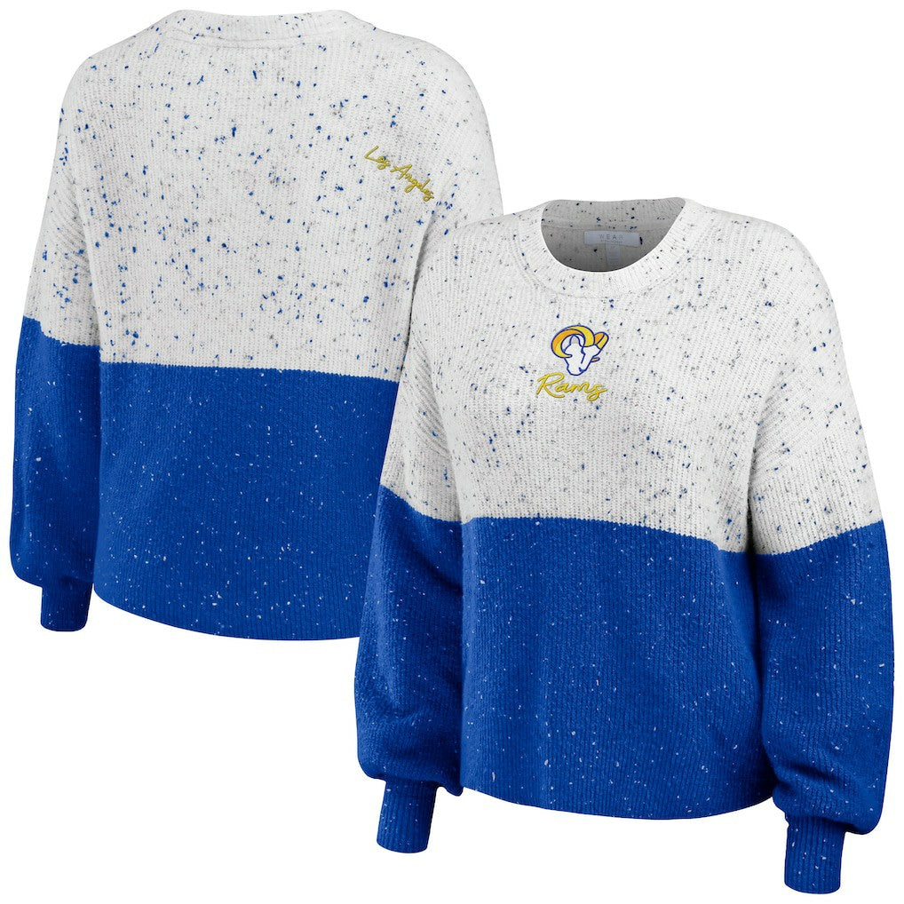 Los Angeles Rams WEAR by Erin Andrews Women's Lighweight Modest Crop Color-Block Pullover Sweater - White/Royal for sale