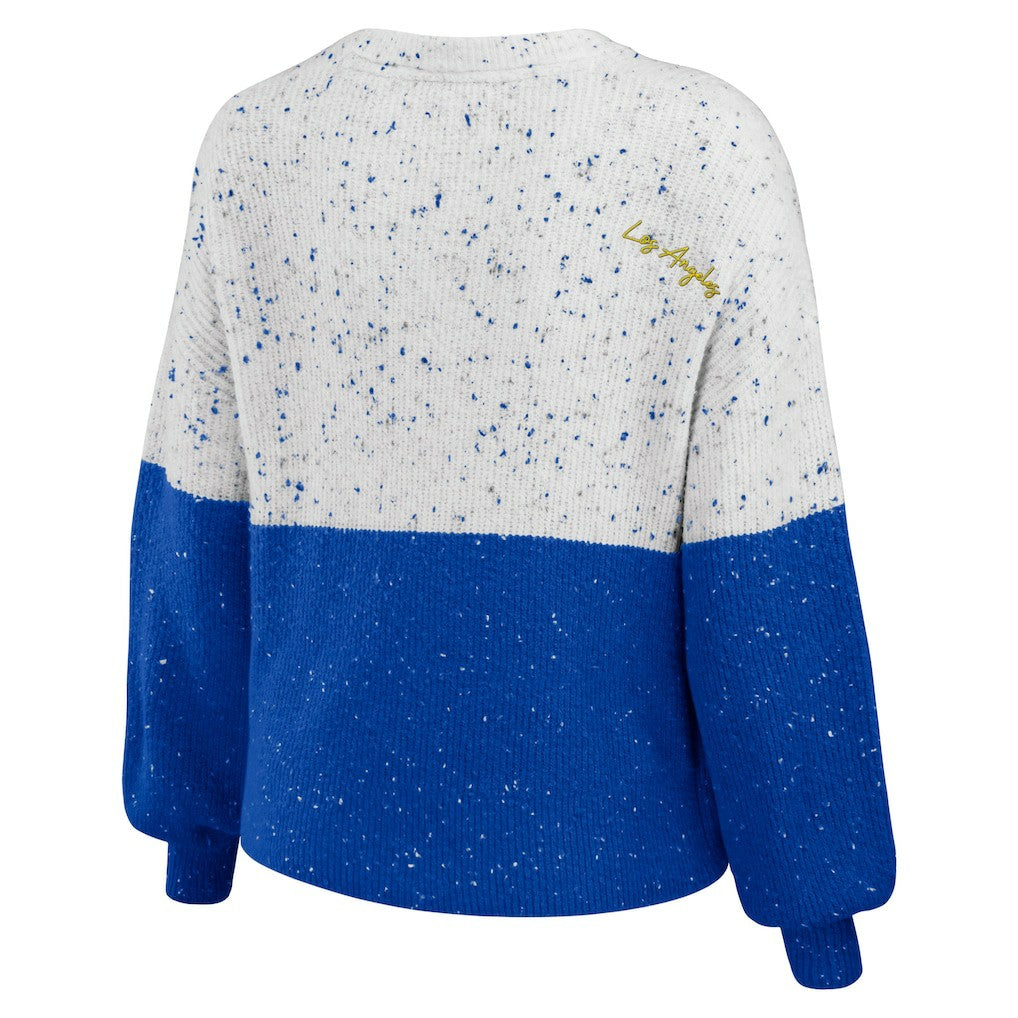 Los Angeles Rams WEAR by Erin Andrews Women's Lighweight Modest Crop Color-Block Pullover Sweater - White/Royal for sale