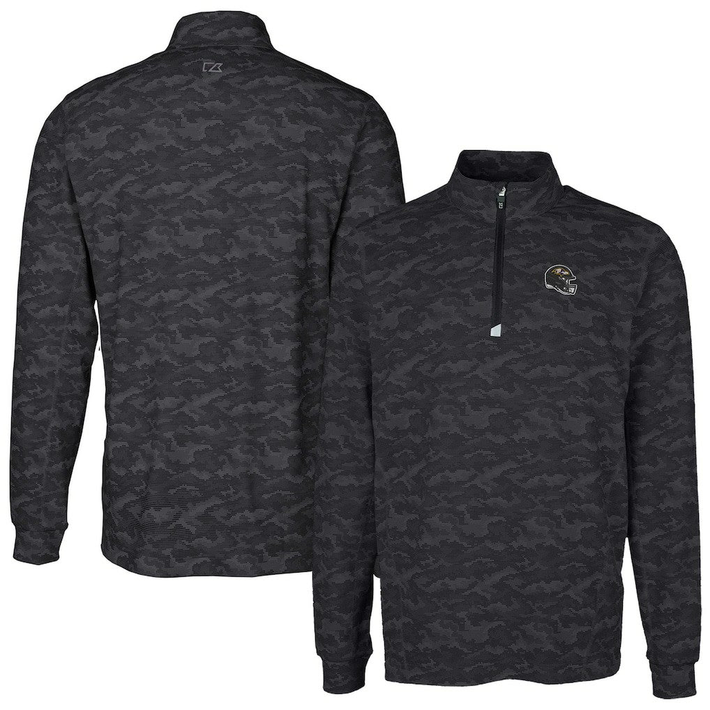 Baltimore Ravens Cutter & Buck Helmet Traverse Camo Print Stretch Quarter-Zip Pullover Top - Black on sale