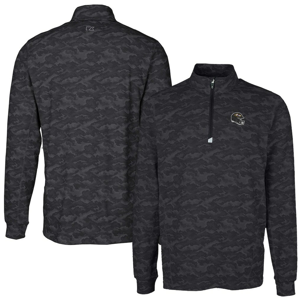 Baltimore Ravens Cutter & Buck Helmet Traverse Camo Print Stretch Quarter-Zip Pullover Top - Black on sale