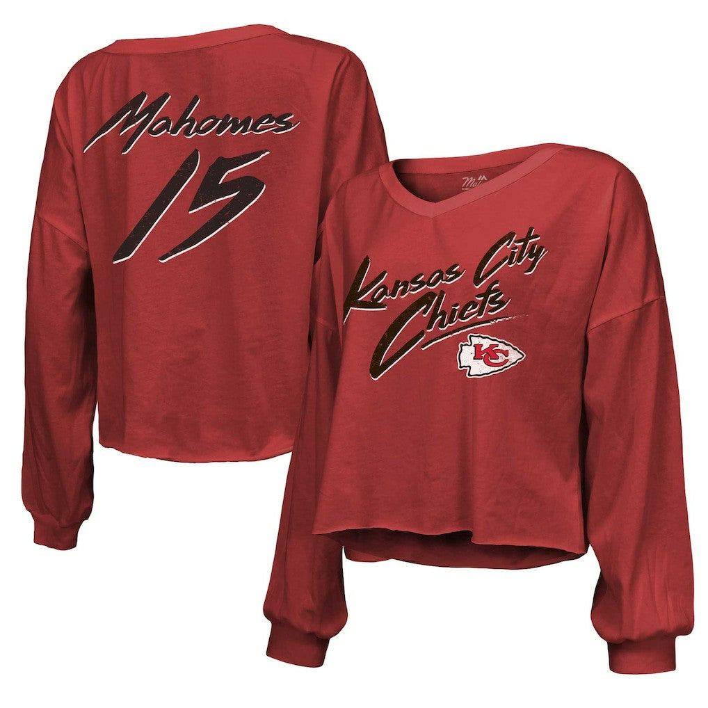 Patrick Mahomes Kansas City Chiefs Majestic Threads Women's Name & Number Off-Shoulder Script Cropped Long Sleeve Relaxed V-Neck T-Shirt - Red for sale