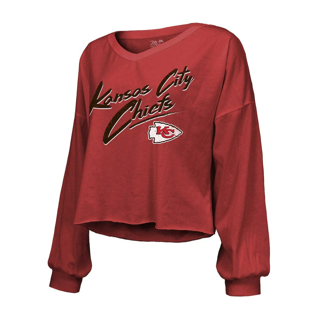 Patrick Mahomes Kansas City Chiefs Majestic Threads Women's Name & Number Off-Shoulder Script Cropped Long Sleeve Relaxed V-Neck T-Shirt - Red for sale
