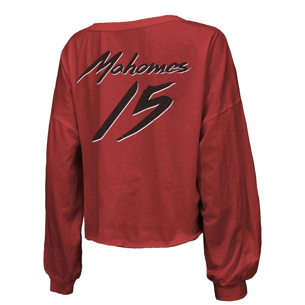 Patrick Mahomes Kansas City Chiefs Majestic Threads Women's Name & Number Off-Shoulder Script Cropped Long Sleeve Relaxed V-Neck T-Shirt - Red for sale