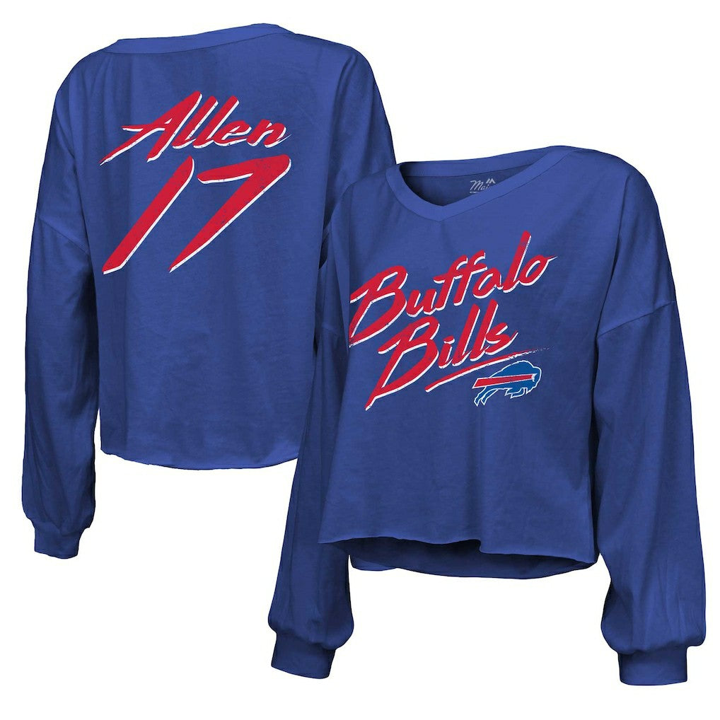 Josh Allen Buffalo Bills Majestic Threads Women's Name & Number Off-Shoulder Script Cropped Long Sleeve Relaxed V-Neck T-Shirt - Royal for sale