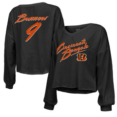 Joe Burrow Cincinnati Bengals Majestic Threads Women's Name & Number Off-Shoulder Script Cropped Long Sleeve Relaxed V-Neck T-Shirt - Black sale