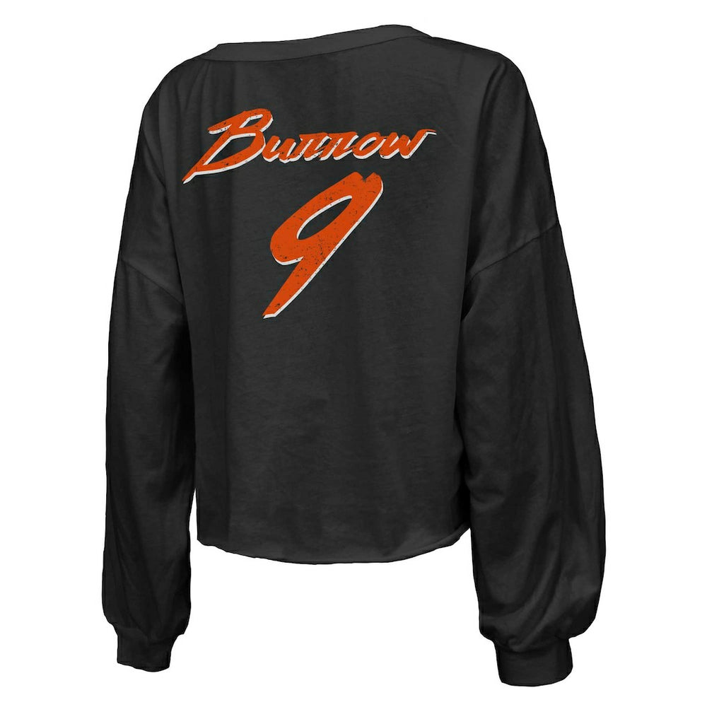 Joe Burrow Cincinnati Bengals Majestic Threads Women's Name & Number Off-Shoulder Script Cropped Long Sleeve Relaxed V-Neck T-Shirt - Black sale