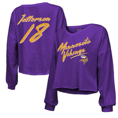 Justin Jefferson Minnesota Vikings Majestic Threads Women's Name & Number Off-Shoulder Script Cropped Long Sleeve V-Neck T-Shirt - Purple on sale