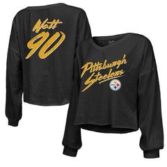 T.J. Watt Pittsburgh Steelers Majestic Threads Women's Name & Number Off-Shoulder Script Cropped Long Sleeve Relaxed V-Neck T-Shirt - Black online