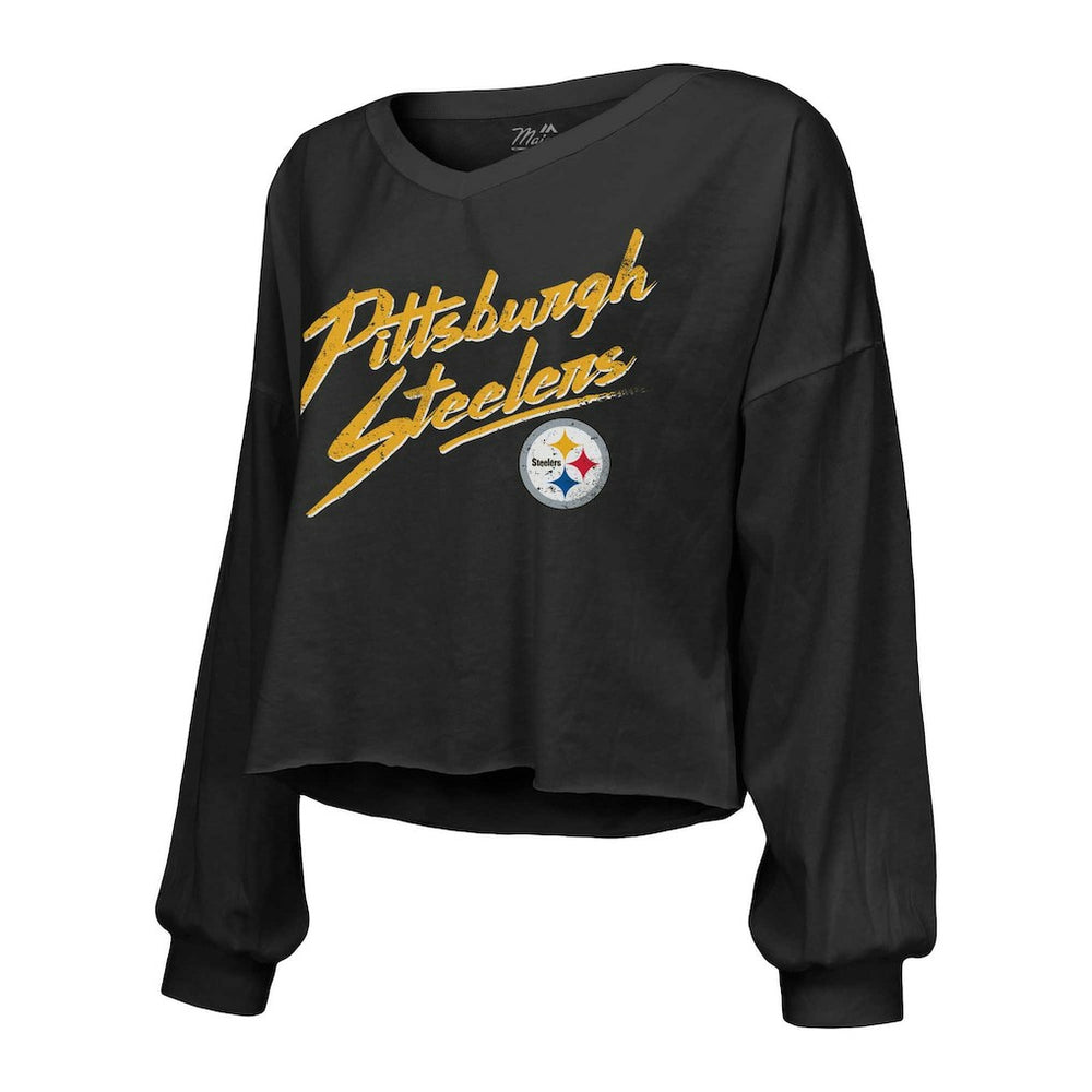T.J. Watt Pittsburgh Steelers Majestic Threads Women's Name & Number Off-Shoulder Script Cropped Long Sleeve Relaxed V-Neck T-Shirt - Black online