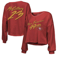 Christian McCaffrey San Francisco 49ers Majestic Threads Women's Name & Number Off-Shoulder Script Cropped Long Sleeve V-Neck T-Shirt - Scarlet outlet