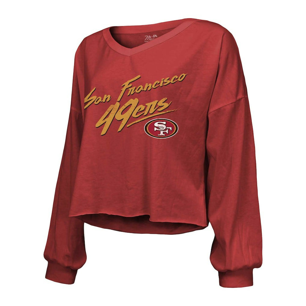 Christian McCaffrey San Francisco 49ers Majestic Threads Women's Name & Number Off-Shoulder Script Cropped Long Sleeve V-Neck T-Shirt - Scarlet outlet