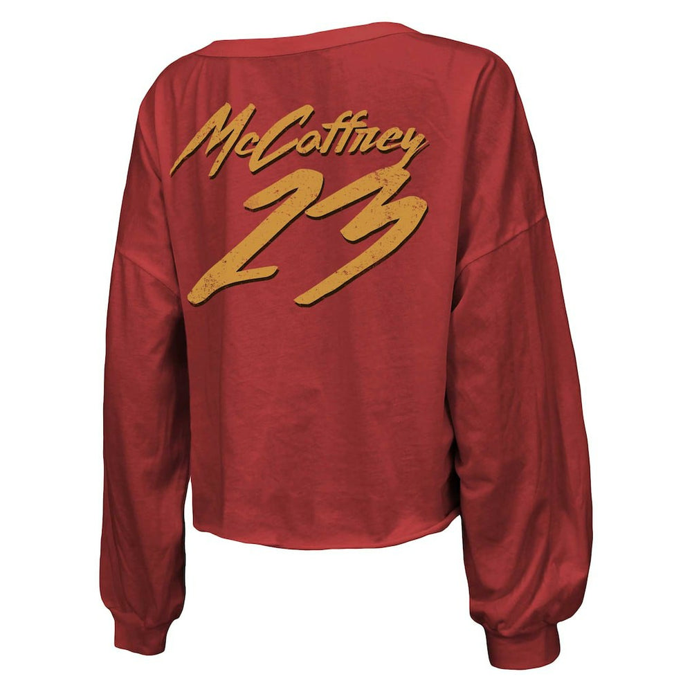 Christian McCaffrey San Francisco 49ers Majestic Threads Women's Name & Number Off-Shoulder Script Cropped Long Sleeve V-Neck T-Shirt - Scarlet outlet