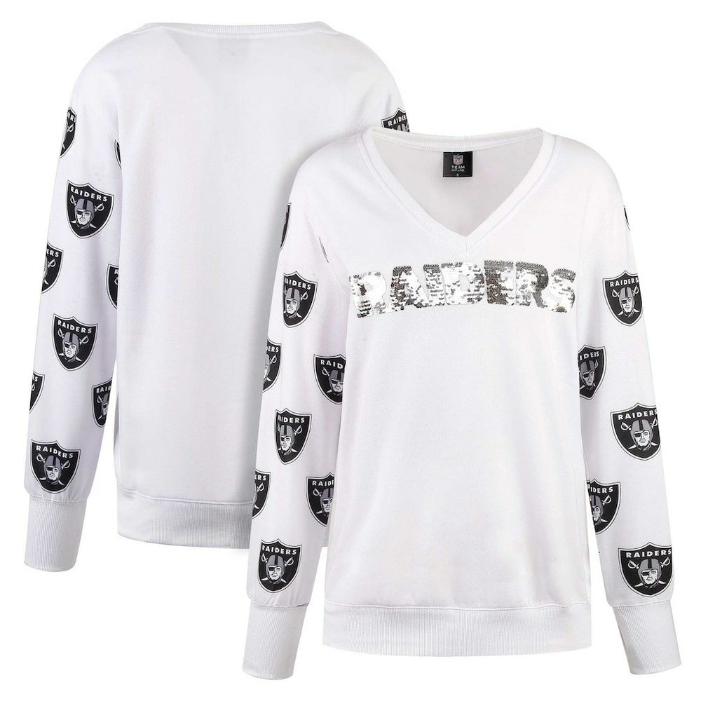 Las Vegas Raiders Cuce Women's Sequin Fleece V-Neck T-Shirt - White for sale