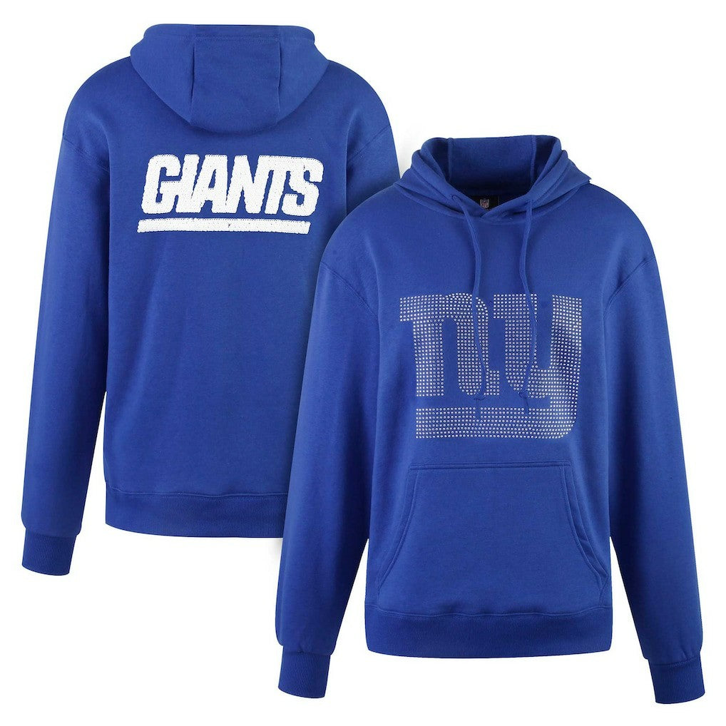 New York Giants Cuce Women's Rhinestone Logo Wordmark Pullover Hoodie - Royal on sale