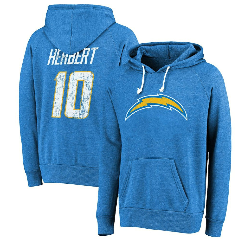 Justin Herbert Los Angeles Chargers Majestic Threads Name & Number Tri-Blend Pullover Hoodie - Powder Blue cheap