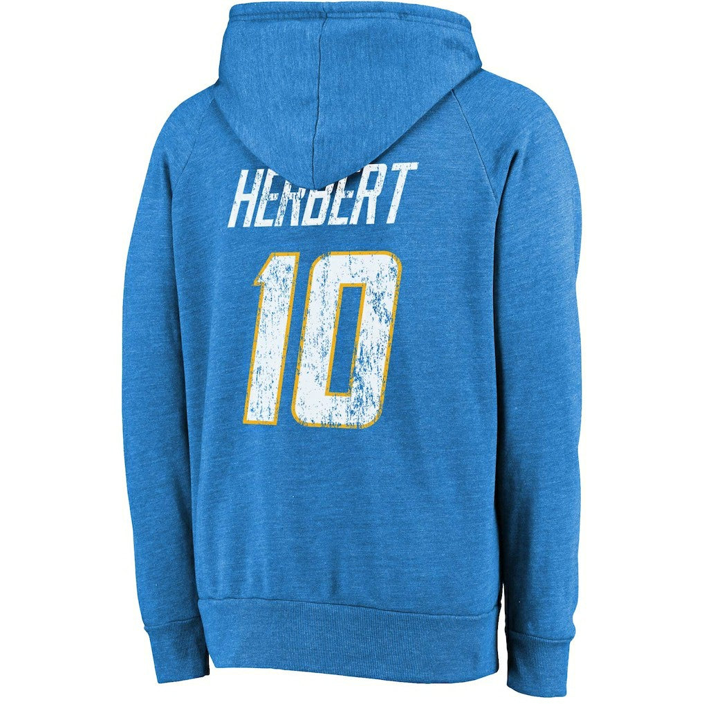 Justin Herbert Los Angeles Chargers Majestic Threads Name & Number Tri-Blend Pullover Hoodie - Powder Blue cheap